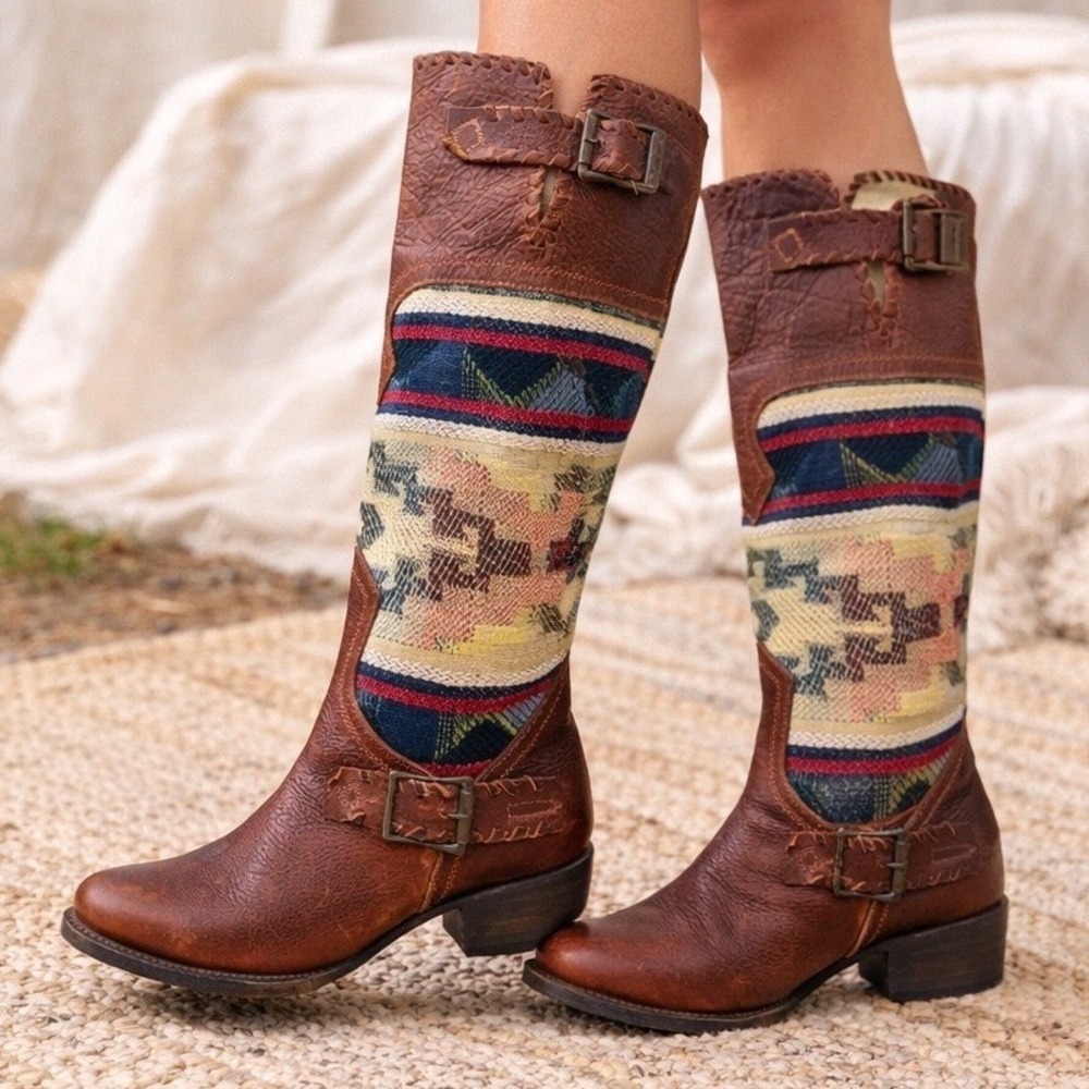 Freebird Qxote‎ Southwestern Serape Tall Boots Women's 6 Leather Woven Tapestry